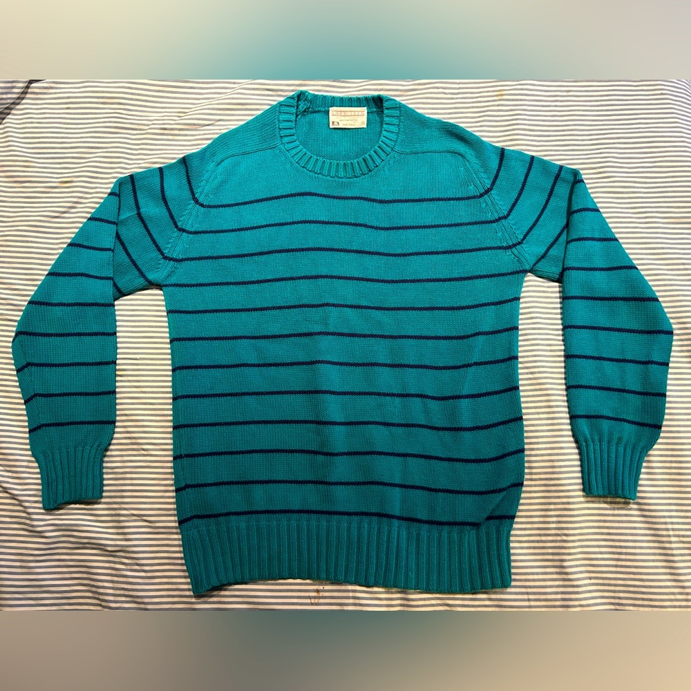 Vintage Lord Jeff Fine Cotton Teal Stripped Pullover Sweater Size L Knit Jumper